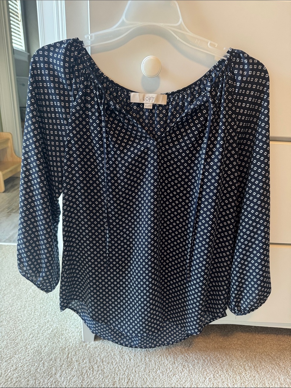 LOFT Navy and White Printed Peasant Top